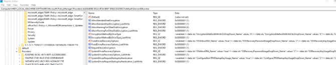 Screenshot of the Registry Editor displaying the BitLocker policy settings configured by the MDM agent