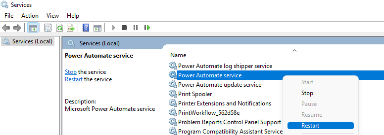 Screenshot of restarting the Power Automate Service in the Services tool.