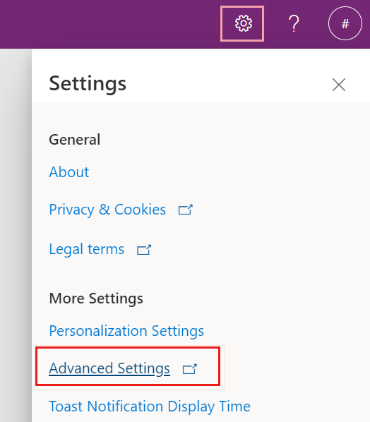 Screenshot of the Advanced Settings option by selecting the gear icon.
