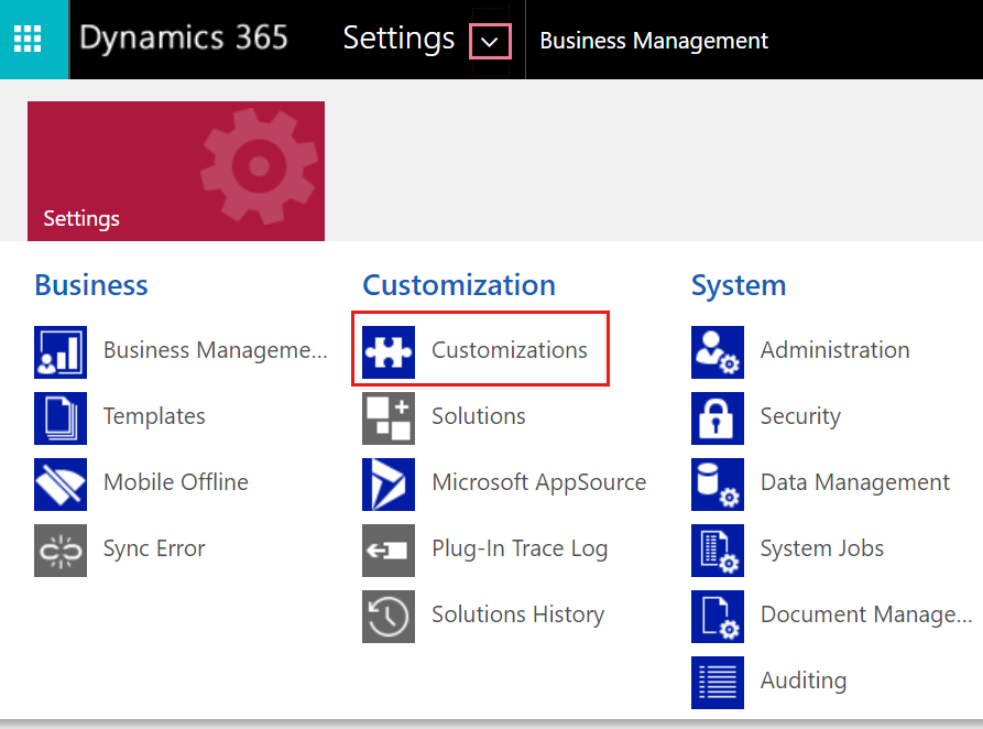 Screenshot of the Customizations setting by selecting the Settings.