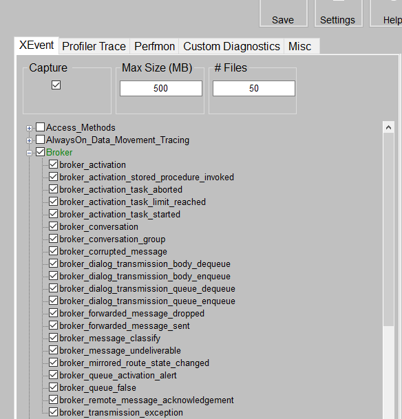 Screenshot of the Pssdiag tool in which all the broker events on the XEvent tab are enabled.