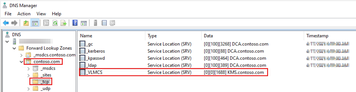 Screenshot of the DNS Manager with the _tcp folder selected under a domain name folder.