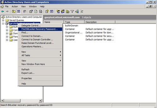 Screenshot of the Active Directory Users and Computers window with Find BitLocker Recovery Password selected.