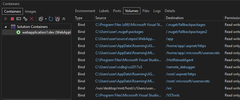 Screenshot of Volumes tab in Containers window.