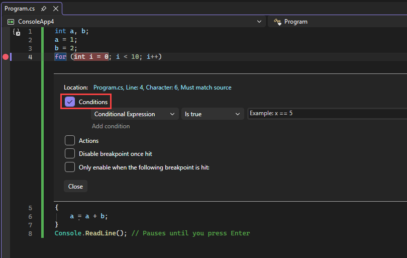 BreakpointSettings Screenshot that shows the breakpoint settings.
