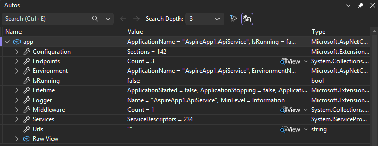Screenshot showing how to look at the Autos window in Visual Studio.