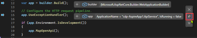 Screenshot showing how to pin a data tip in Visual Studio.
