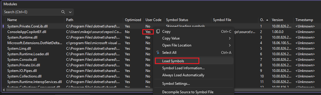 Screenshot that shows how to view symbol information in the Modules window.