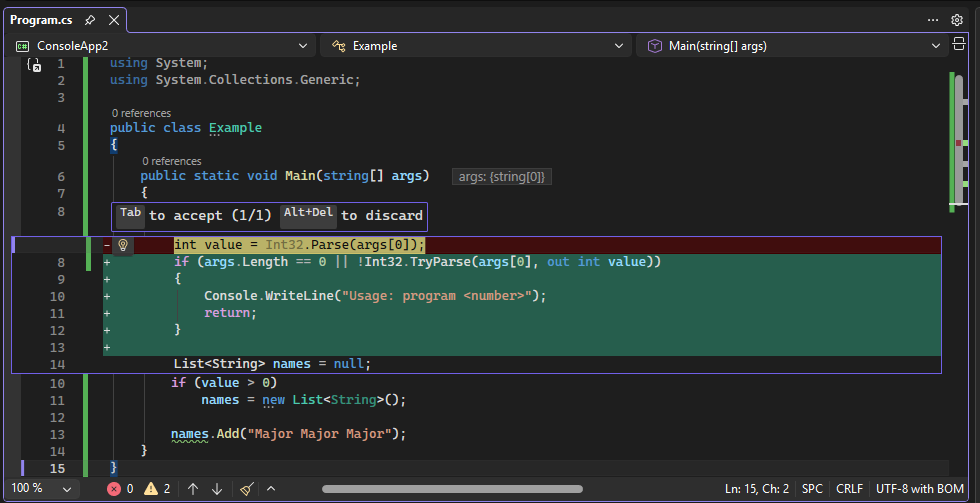 Screenshot of fix suggested by Copilot.