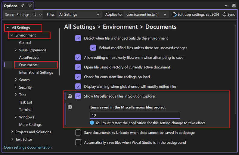 Screenshot that shows how to configure the Show Miscellaneous files in Solution Explorer option in Visual Studio.