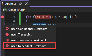 DependentBreakpointContext Screenshot that shows the Insert Dependent Breakpoint command.