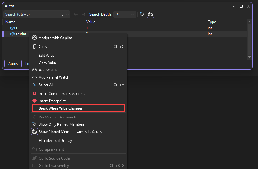 Managed Data Breakpoint Screenshot that shows the Break When Value Changes command.