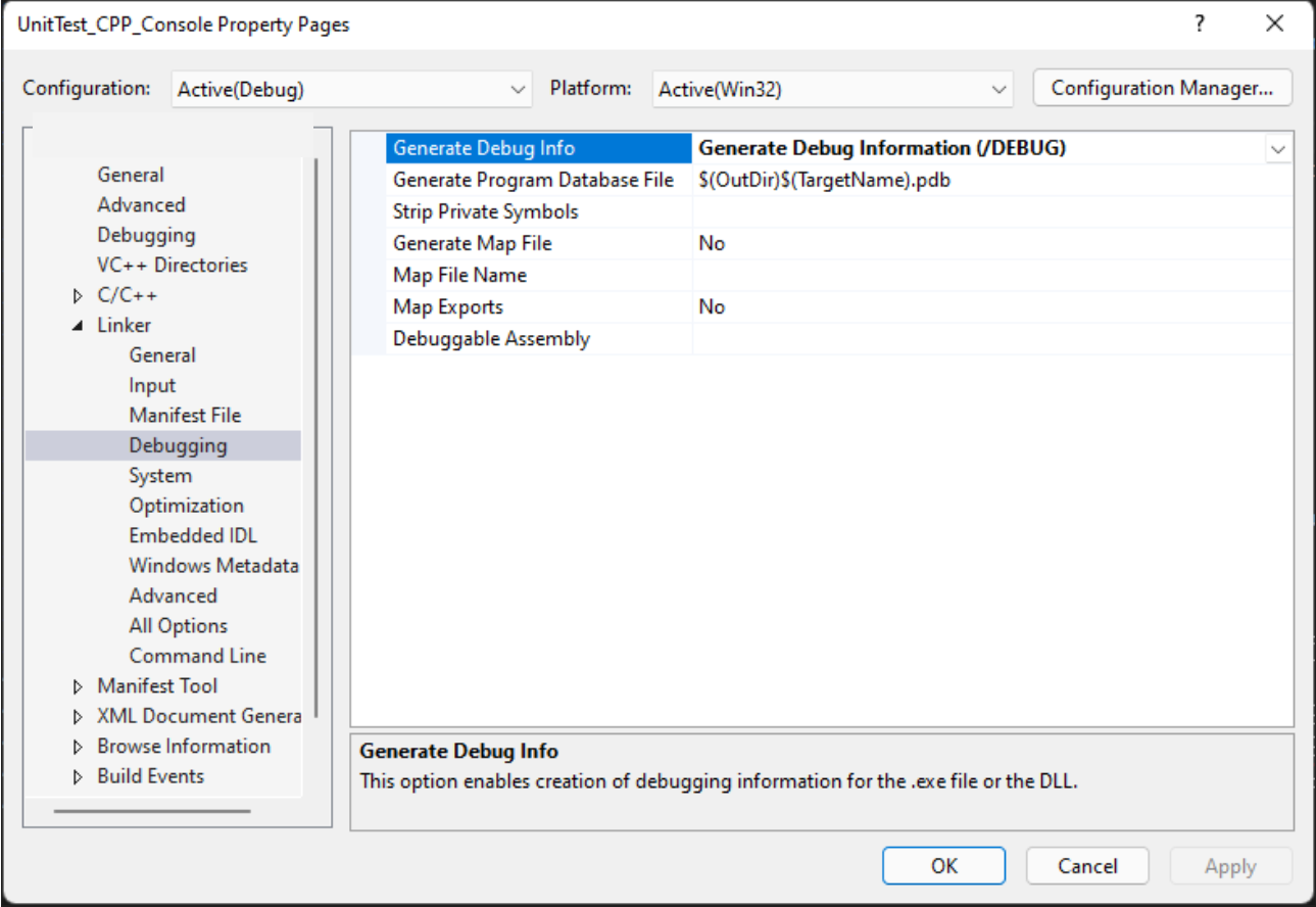 Screenshot that shows the Debugging property page.