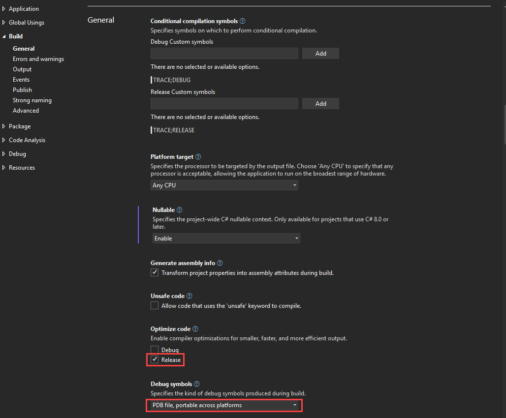 Screenshot that shows the Build properties page.