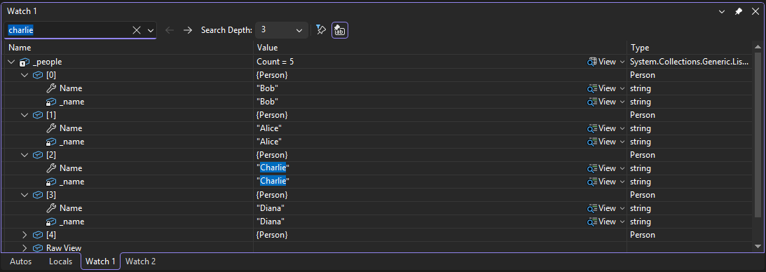 Screenshot that shows a search in the Watch window.