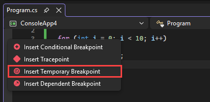 TemporaryBreakpointContext Screenshot that shows the Insert Temporary Breakpoint command.