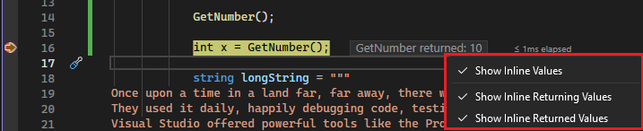 Screenshot showing options for viewing return values.