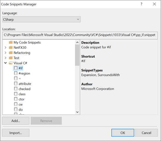 Code Snippets Manager dialog box