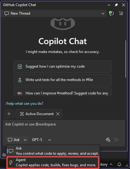 Screenshot that shows the Agent button in Copilot.