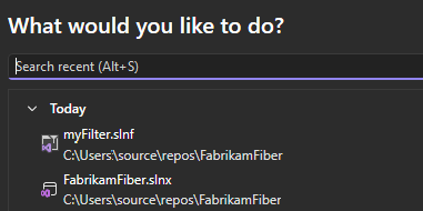 Screenshot of the Open recent list in Visual Studio.