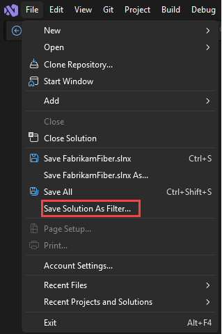 Screenshot of the Save Solution As Filter option.