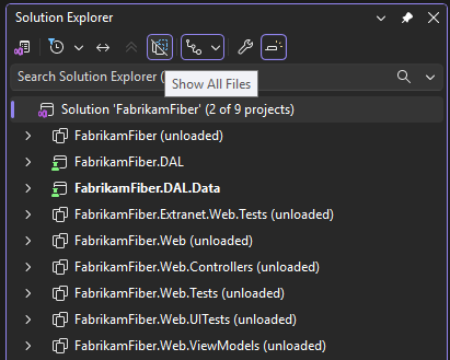 Screenshot of the Show All Files button in Visual Studio Solution Explorer.