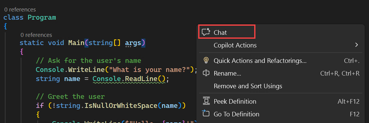 Screenshot of how to enable inline chat in the editor from the context menu.