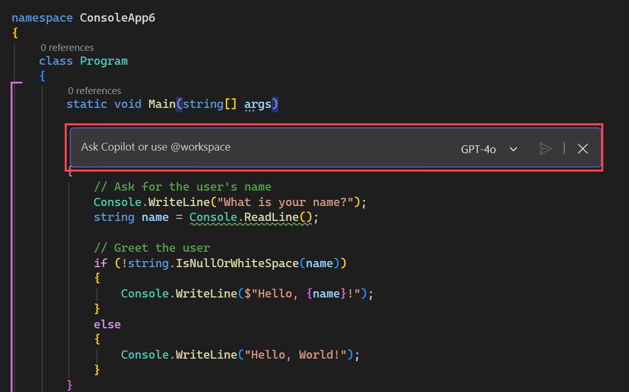 Screenshot of the  inline chat interface in the editor window.
