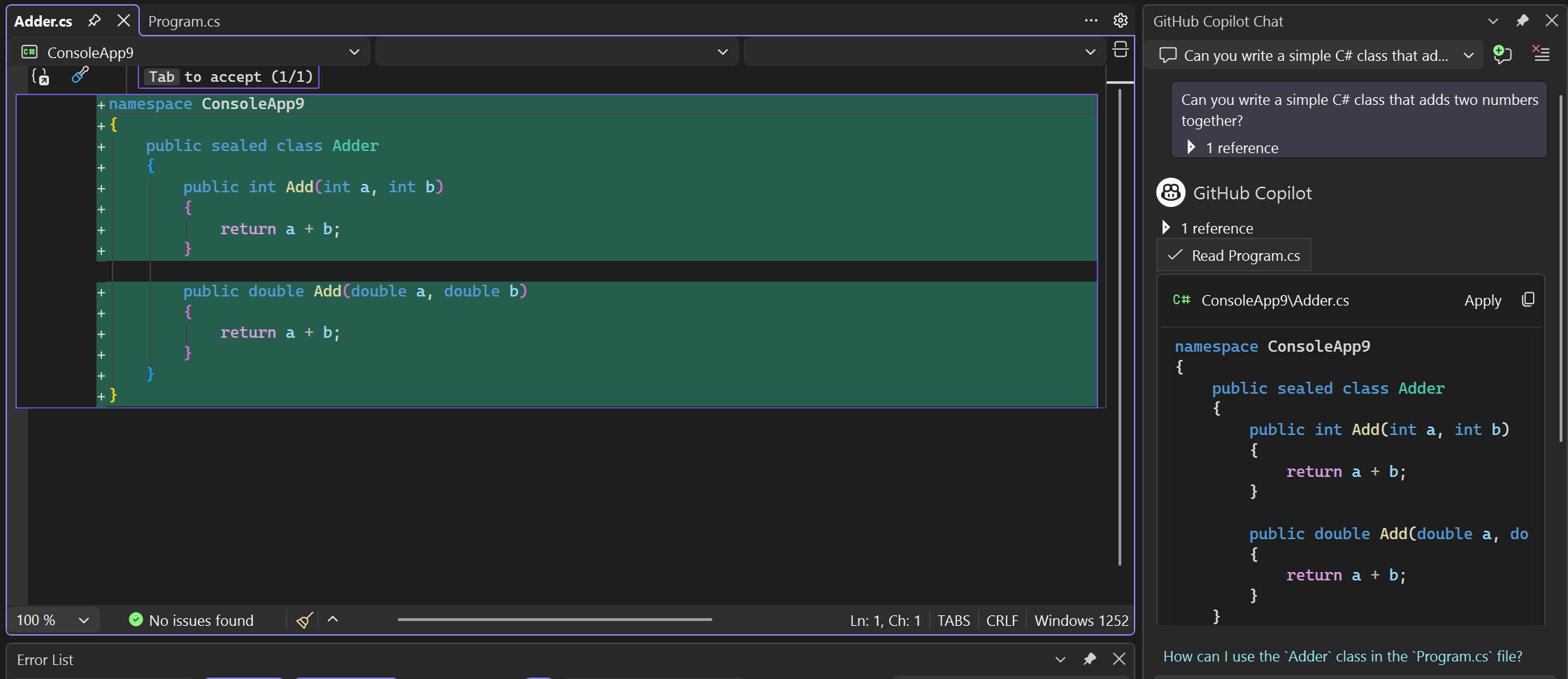 Screenshot of code suggestions in new file in the editor.