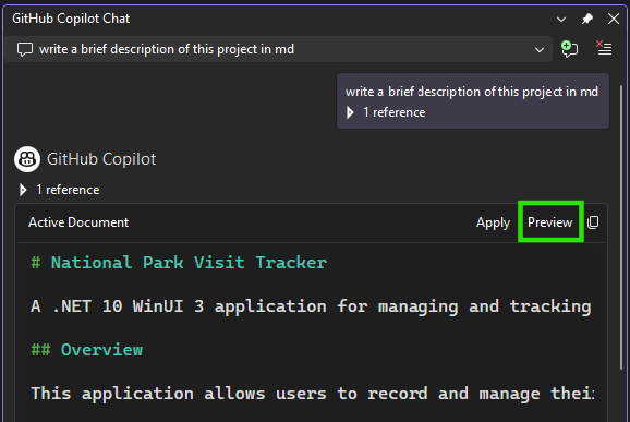 Screenshot of the Preview button in the Copilot Chat window for Markdown content.