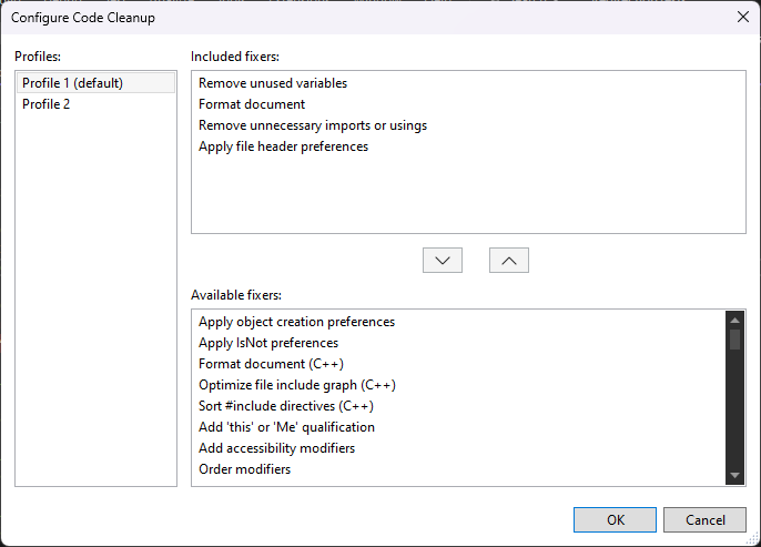 Screenshot of Configure Code Cleanup.