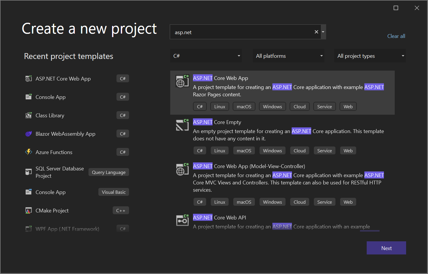 Screenshot of the project template filters.