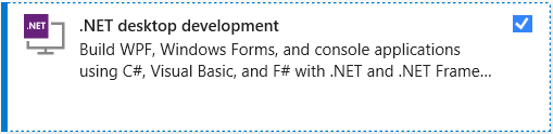 Screenshot showing the .NET desktop development workload in the Visual Studio Installer.