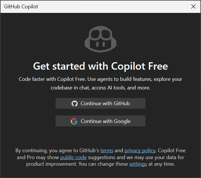 Screenshot of Sign up for Copilot Free in the Chat window.