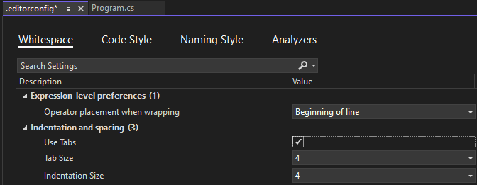 Screenshot that shows configuring use of tabs for Tab key.