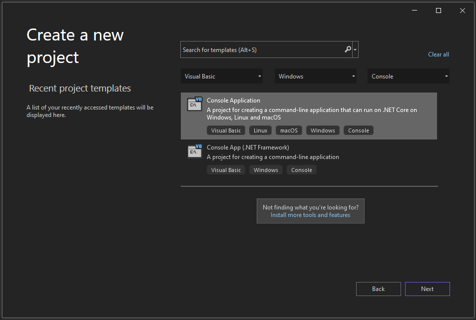 Screenshot that shows how to choose the Visual Basic, Windows, and Console filter options and select the Console Application project template.