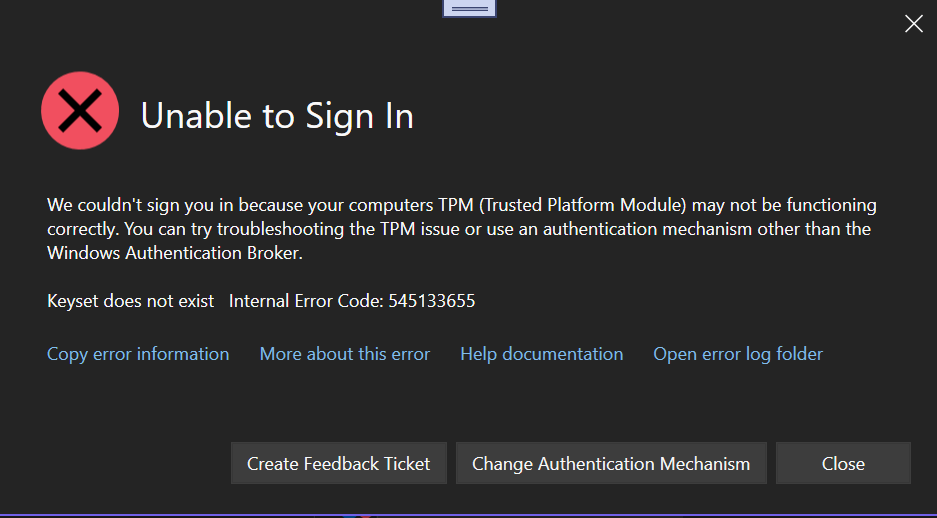 Screenshot of a WAM error dialog with the change authentication mechanism option to resolve the error.