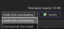 Screenshot of the download and install options in Visual Studio Installer.