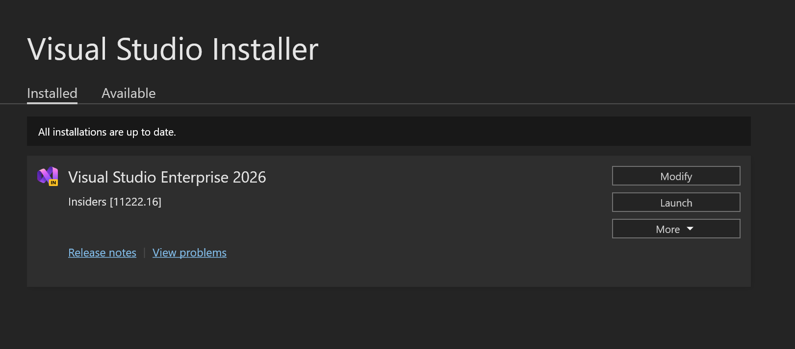 Screenshot of a list of Visual Studio installations in Visual Studio Installer.