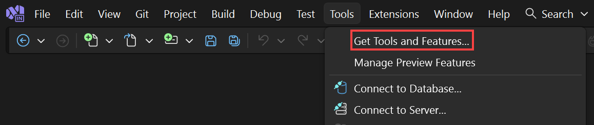 Screenshot of the Visual Studio tools menu. Get Tools and Features is highlighted.
