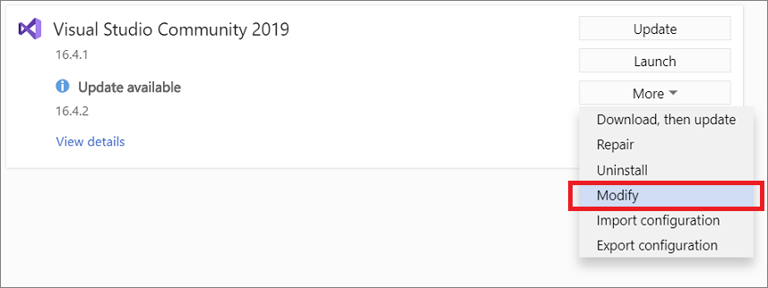 Screenshot of the Modify button in Visual Studio Installer.