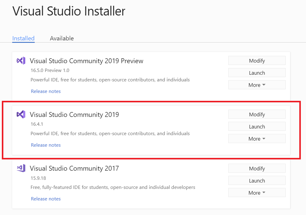 Screenshot of a list of Visual Studio installations in Visual Studio Installer.