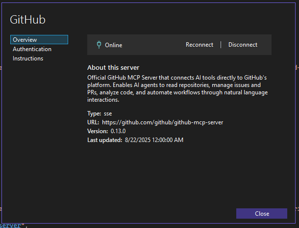 MCP server management UI showing configuration options