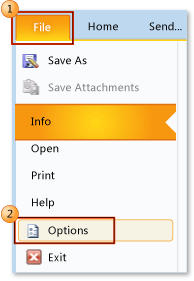 Choosing File, Options in Outlook 2010 Choosing File, Options in Outlook 2010