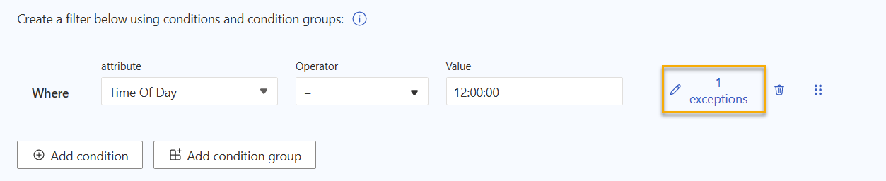 Screenshot that shows a filter with the 1 exceptions link highlighted.
