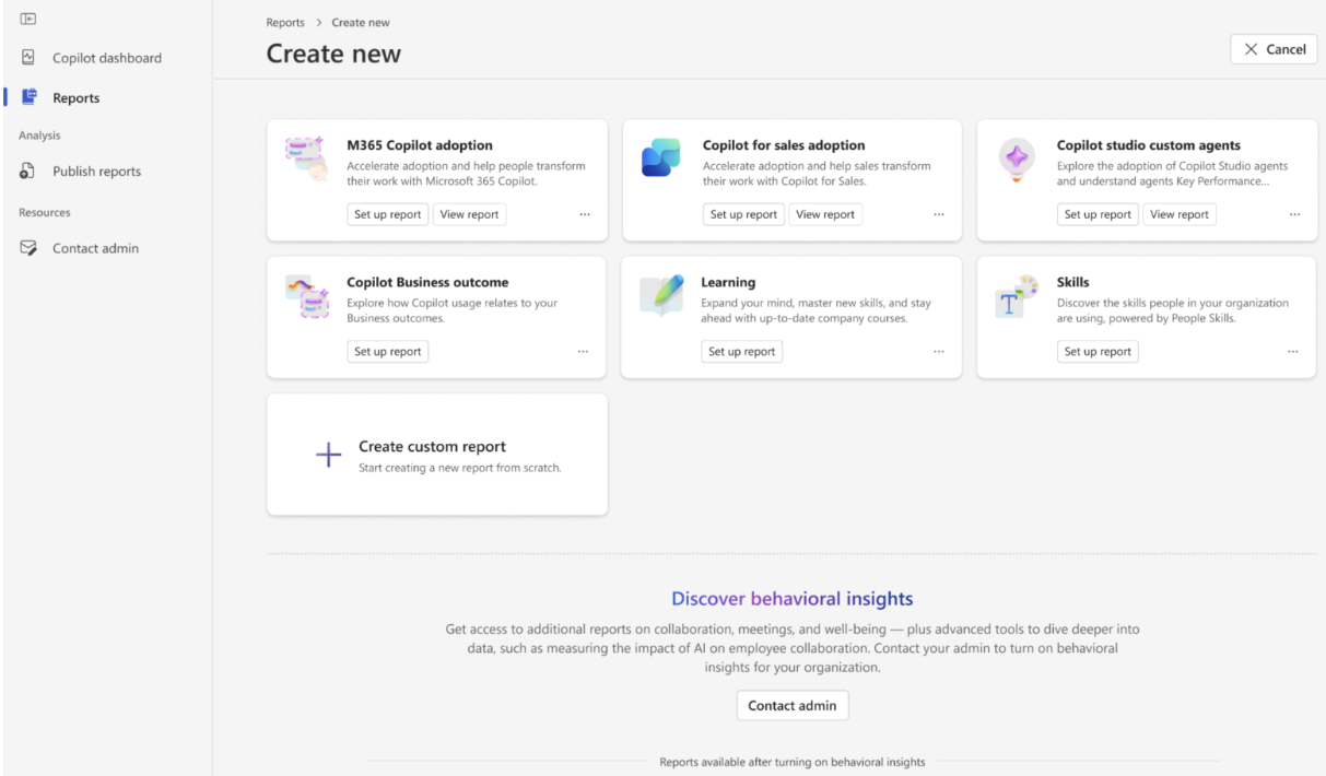 Screenshot that shows the Create new report page for analysts when behavioral data is off.