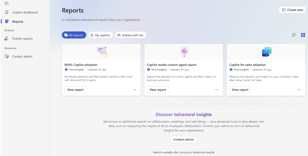 Screenshot that shows the Reports page for analysts when behavioral data is off.