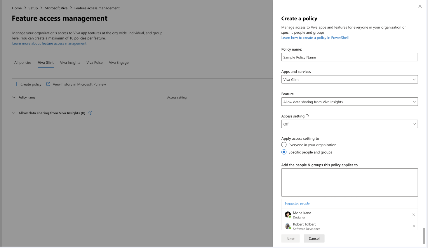 Screenshot that shows how to exclude users from Insights data sharing with Glint in VFAM.