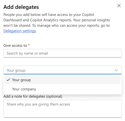 Screenshot showing how to assign the scope of insights for delegates.