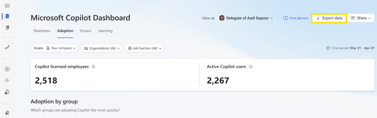 Screenshot showing how export data from the Copilot Dashboard.